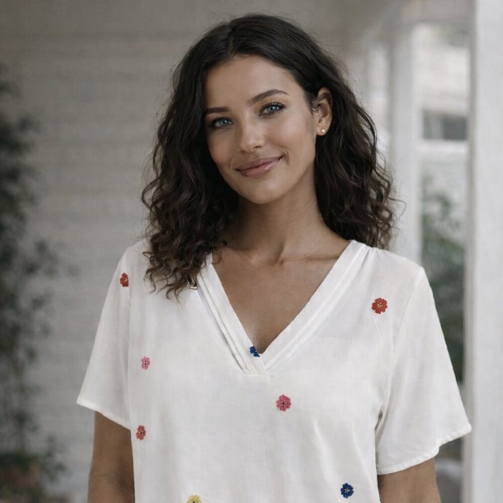 Women’s Embroidered Floral Blouse White V-Neck Short Sleeve Size L